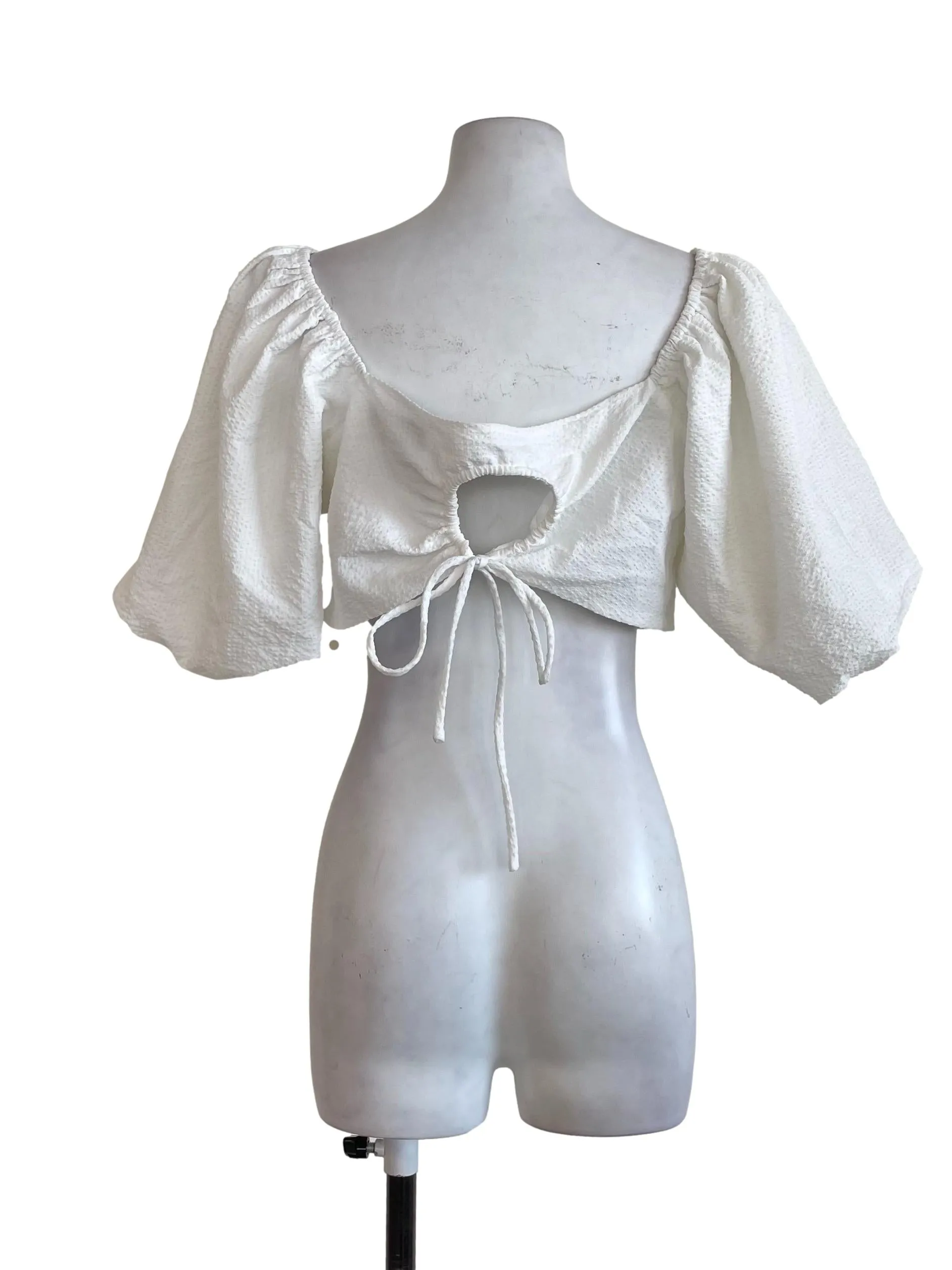 White Textured Puff Sleeves Top