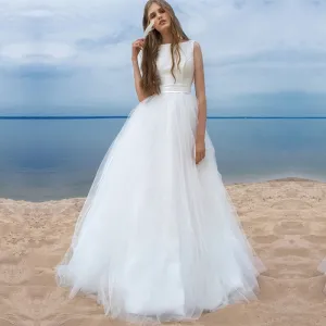 White Tulle Sashes Bow Boho Bridal Dress