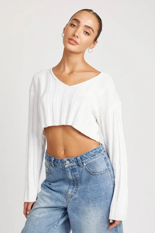 WIDE RIB LONG SLEEVE V NECK TOP