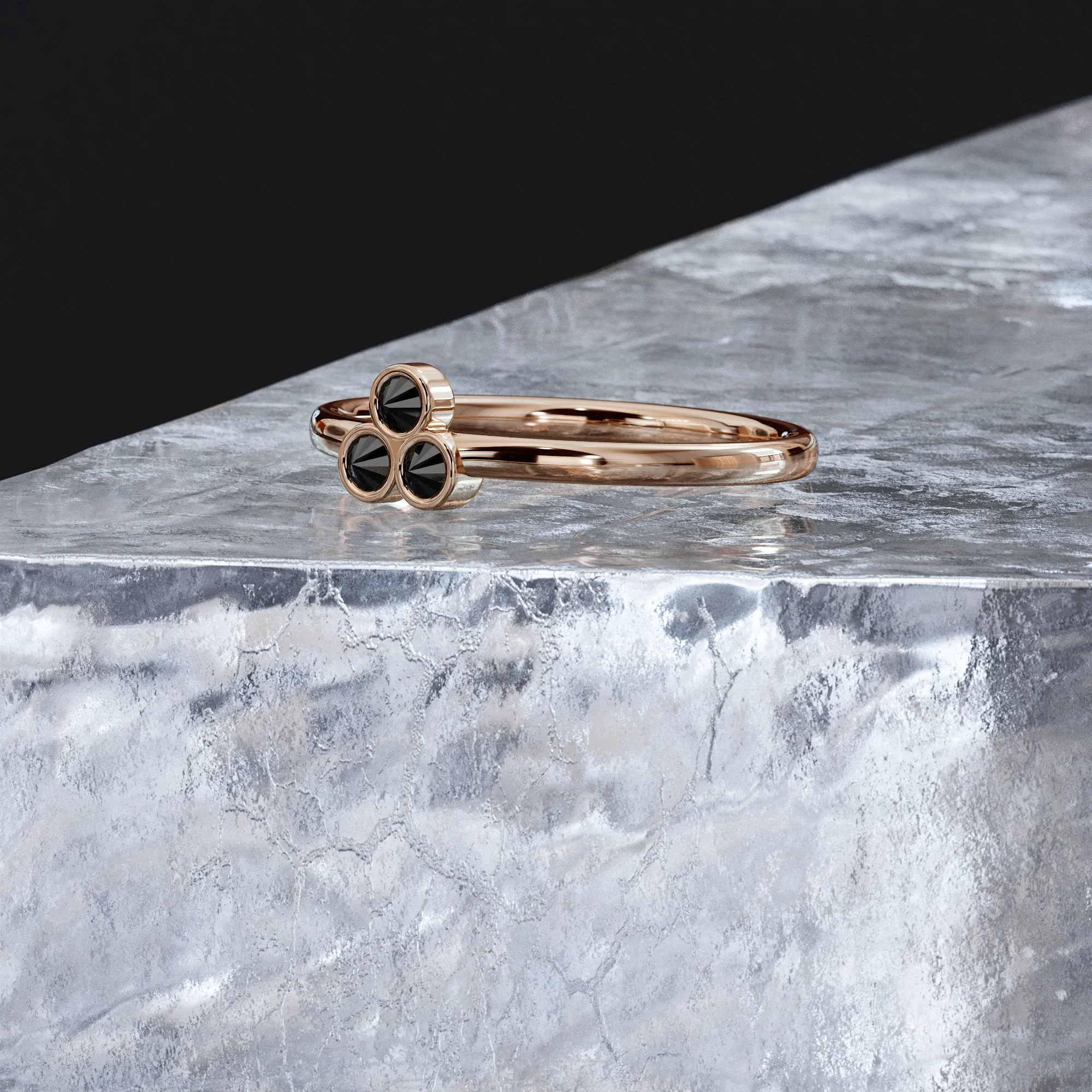 Wild's Triplet Inverted Natural Black Round cut Diamond Ring