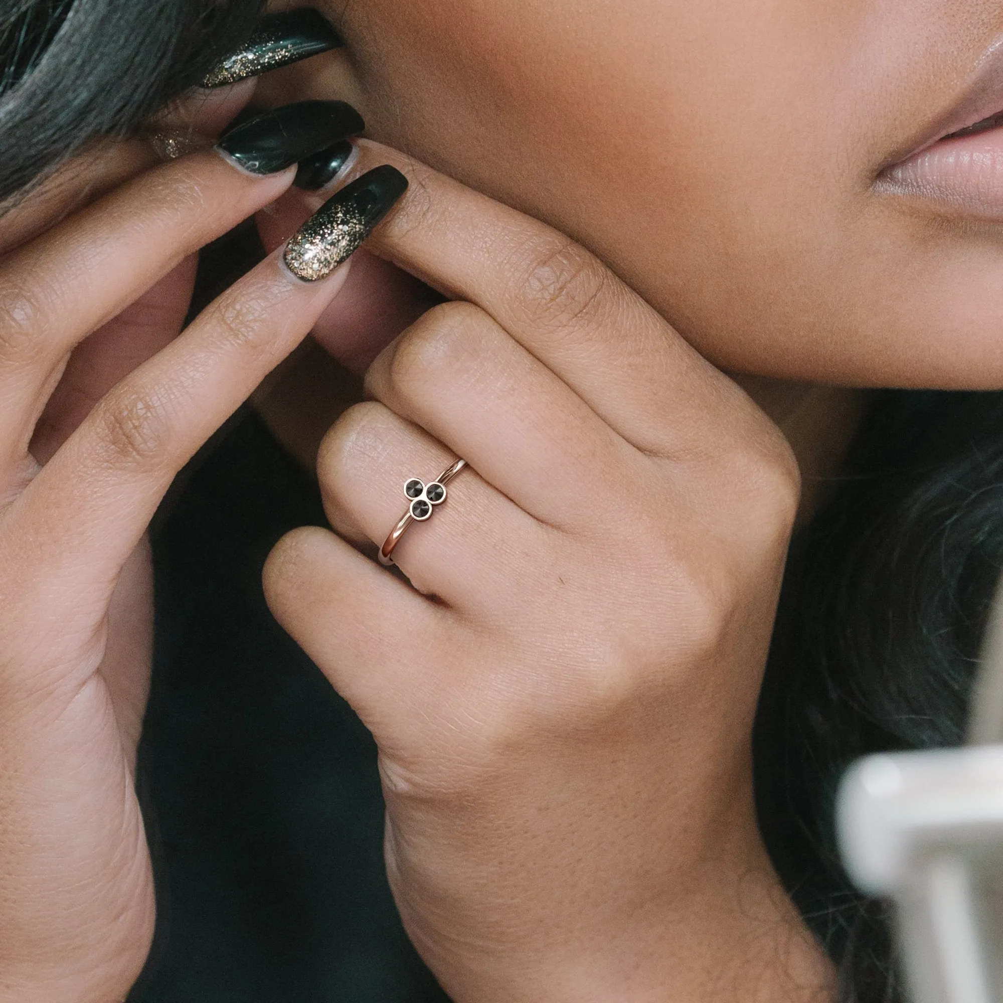 Wild's Triplet Inverted Natural Black Round cut Diamond Ring