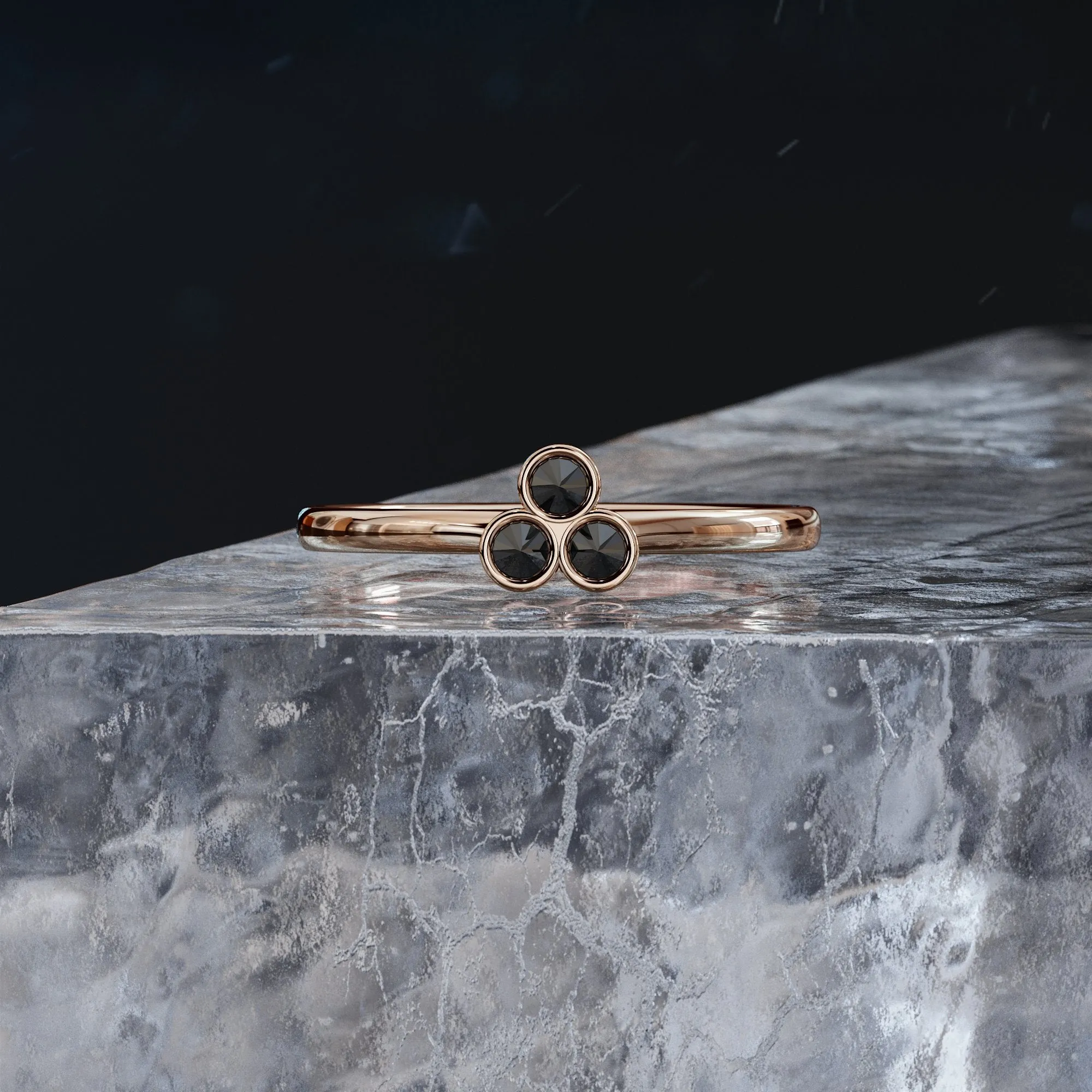 Wild's Triplet Inverted Natural Black Round cut Diamond Ring