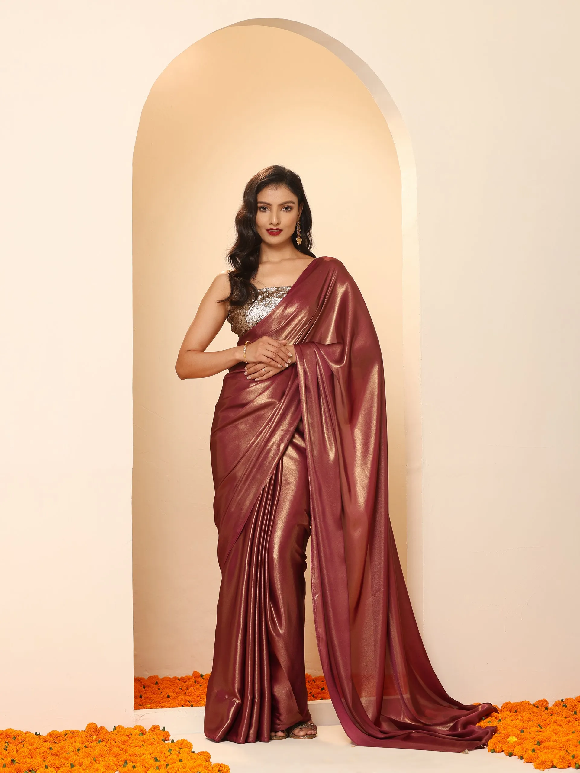 Wine Gold Chiffon Saree