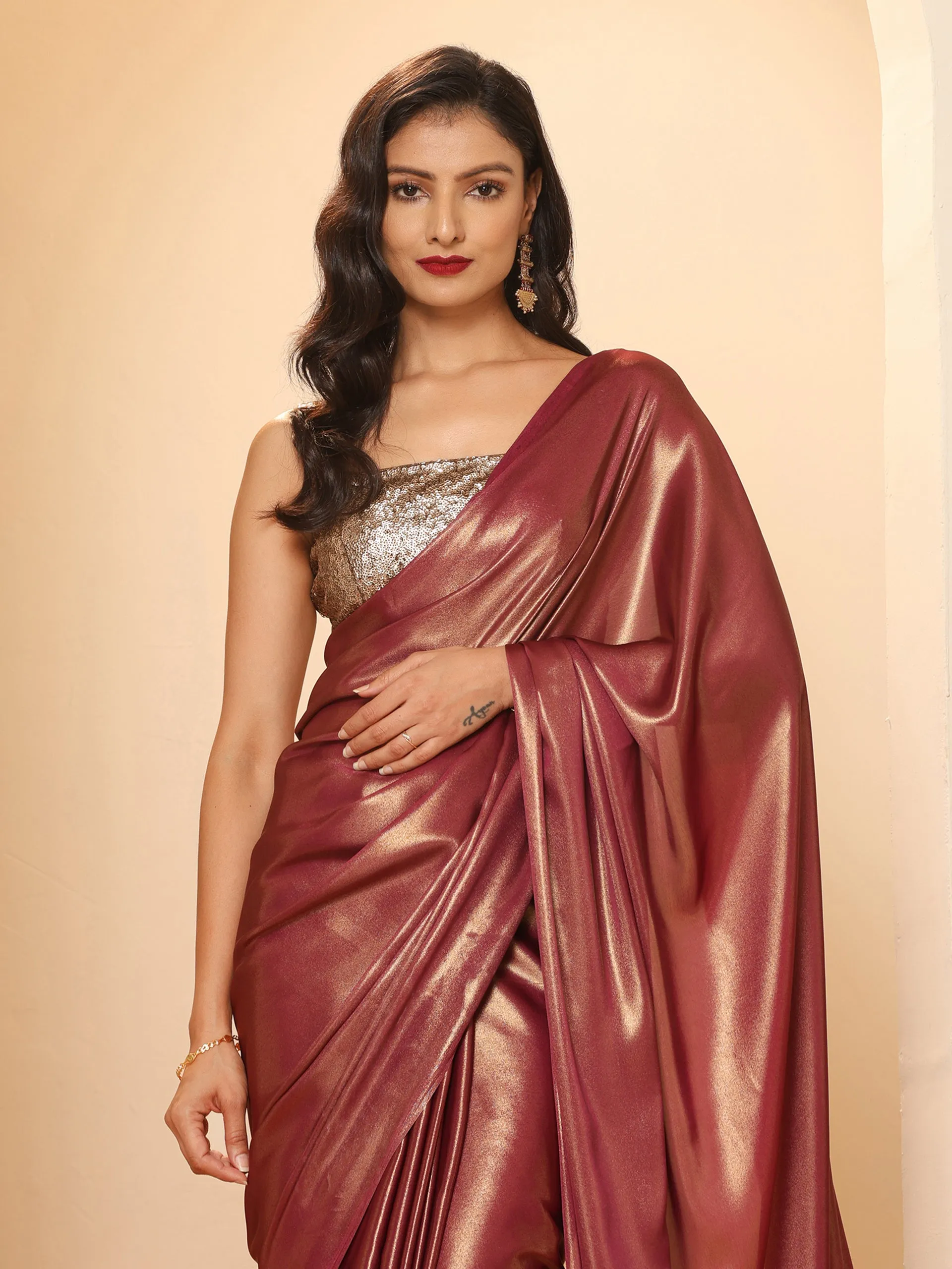 Wine Gold Chiffon Saree