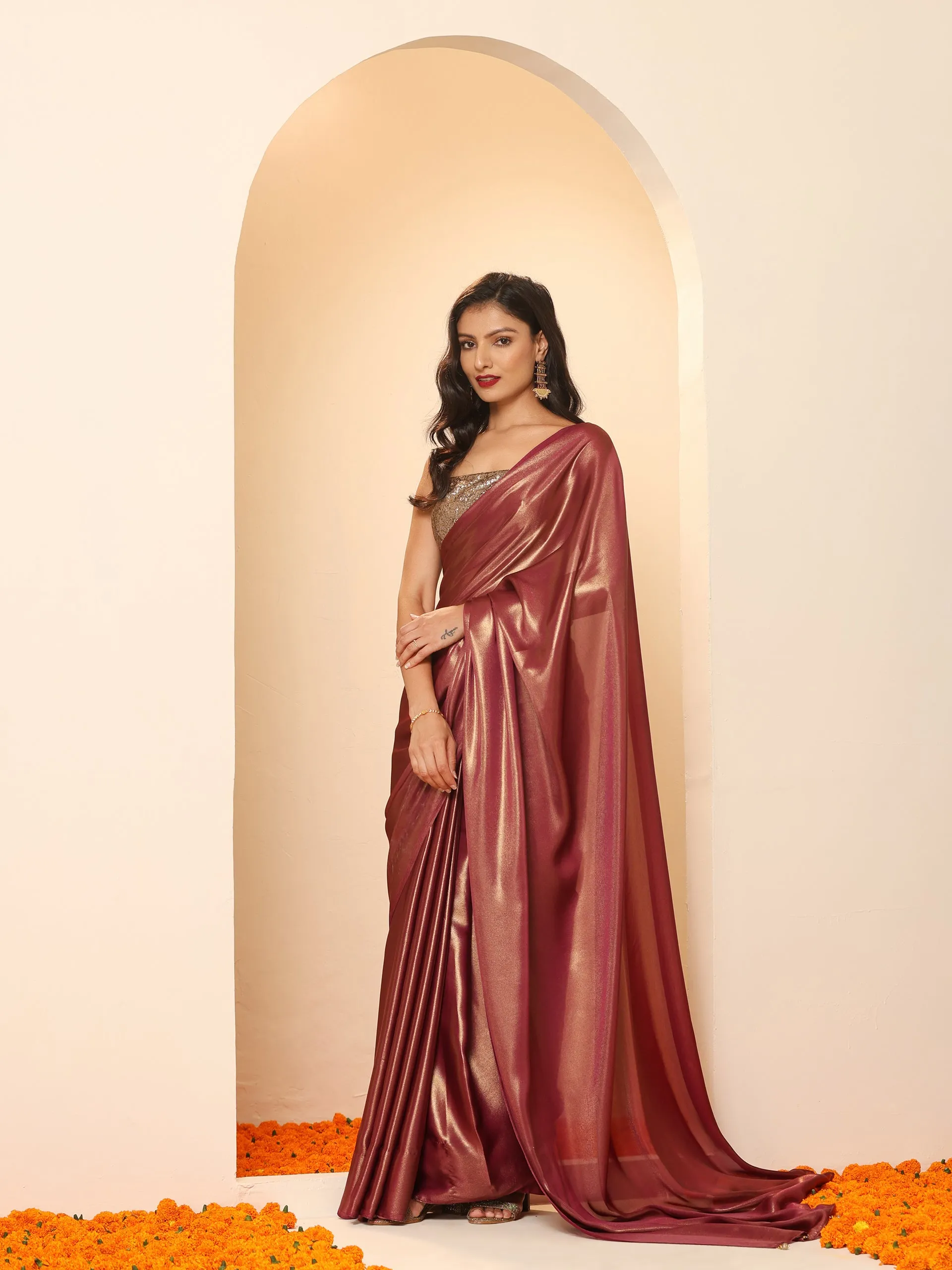 Wine Gold Chiffon Saree