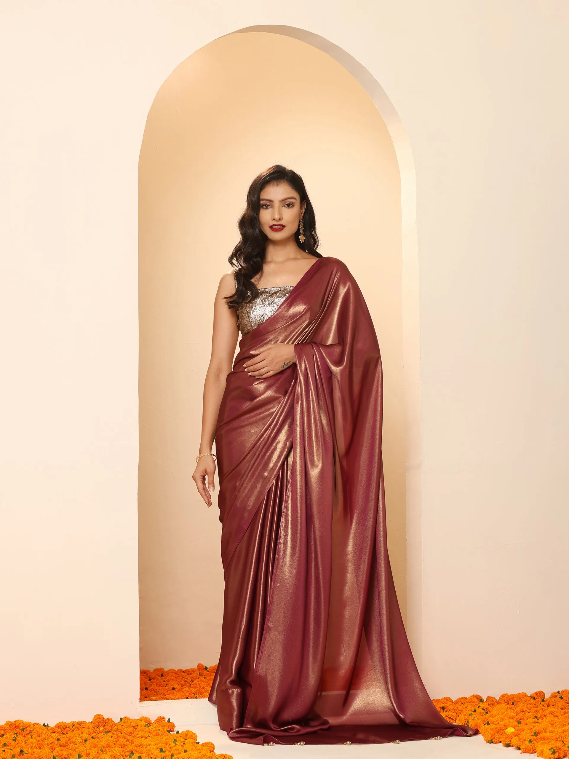 Wine Gold Chiffon Saree