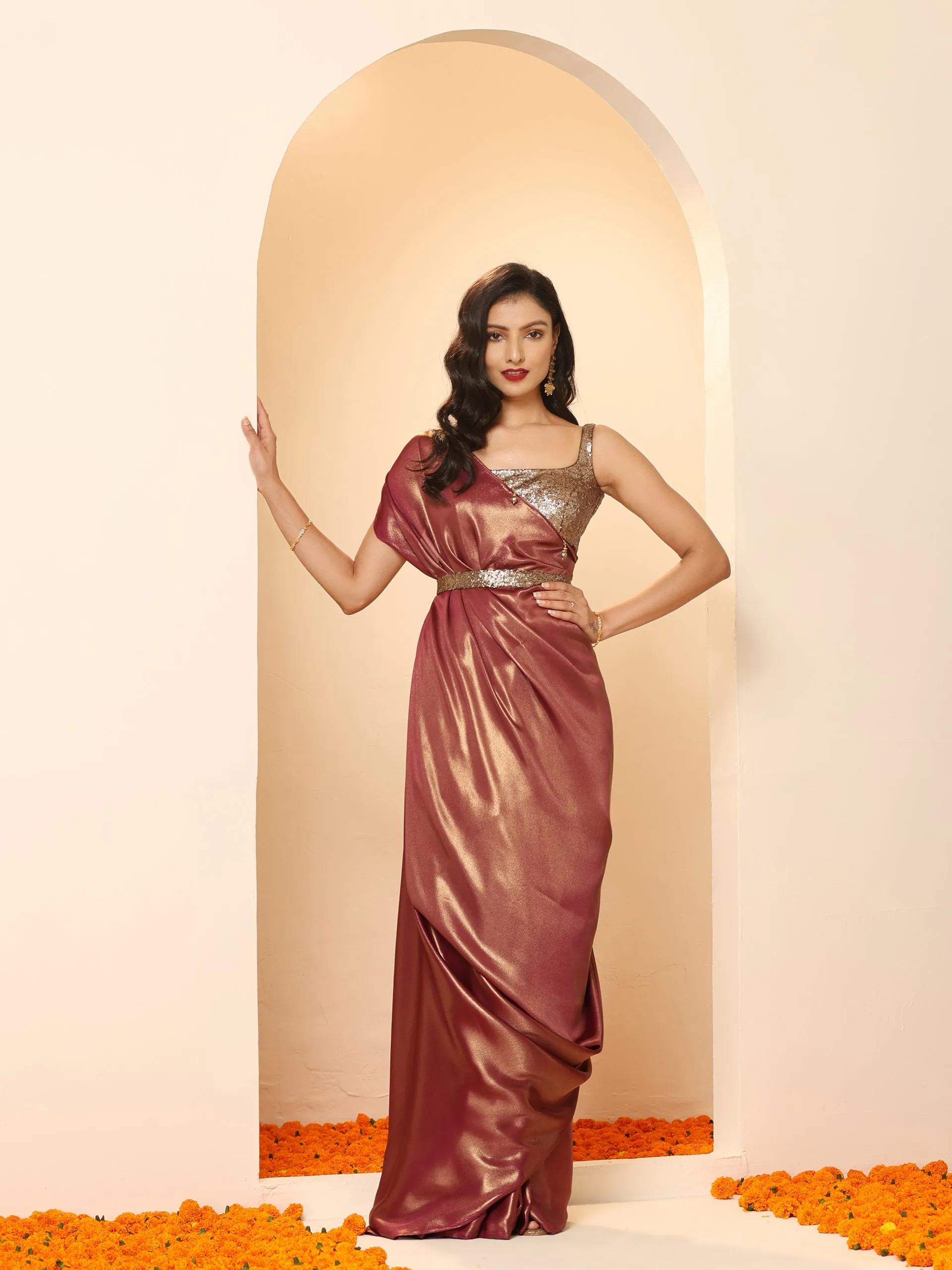 Wine Gold Chiffon Saree