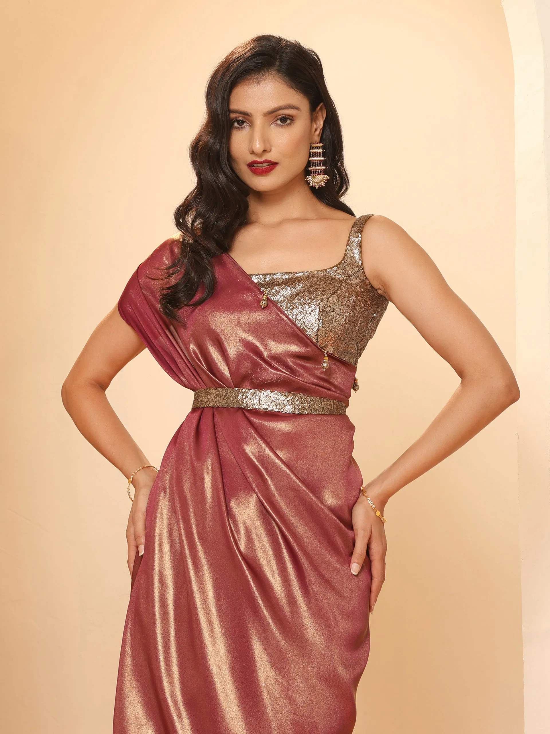 Wine Gold Chiffon Saree
