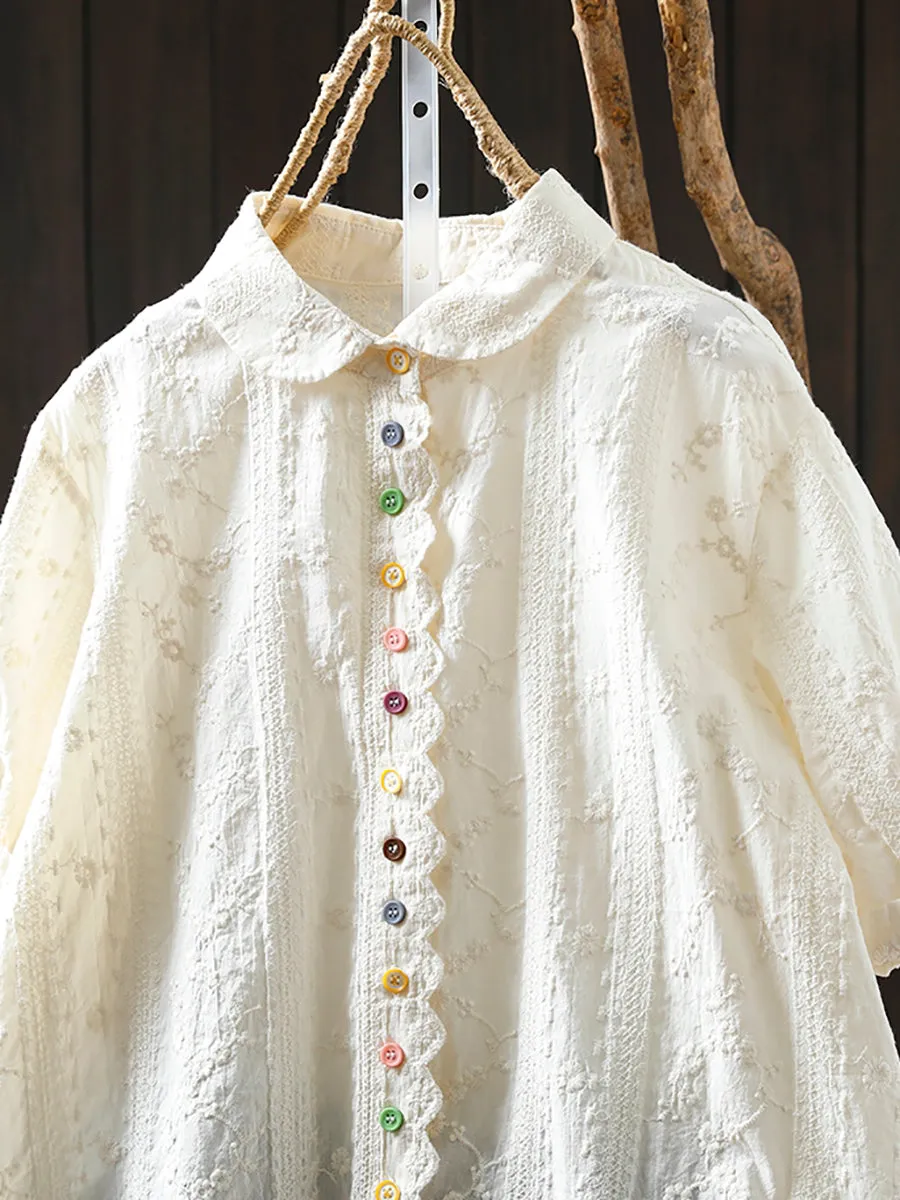 Women Artsy Jacquard Turn-down Collar 100%Cotton Shirt