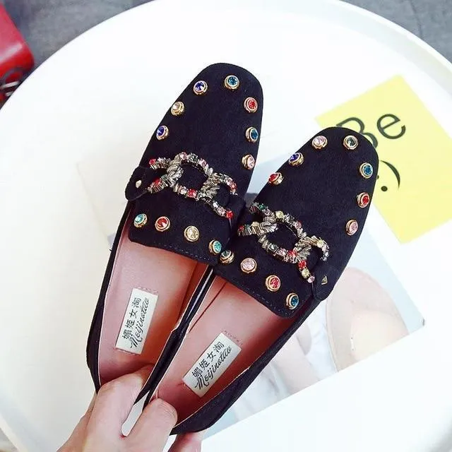 Women Flat Shoes Rivet Rhinestone Slip On Flats Ladies Loafers