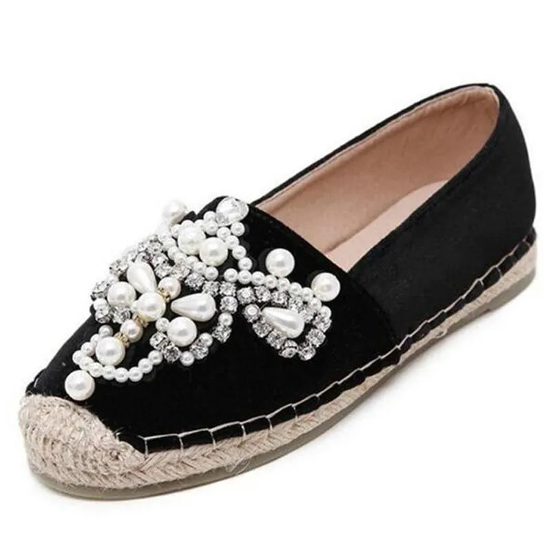 Women Loafer Round Toe Espadrilles Pearl Comfortable Hemp Bottom Women Shoes