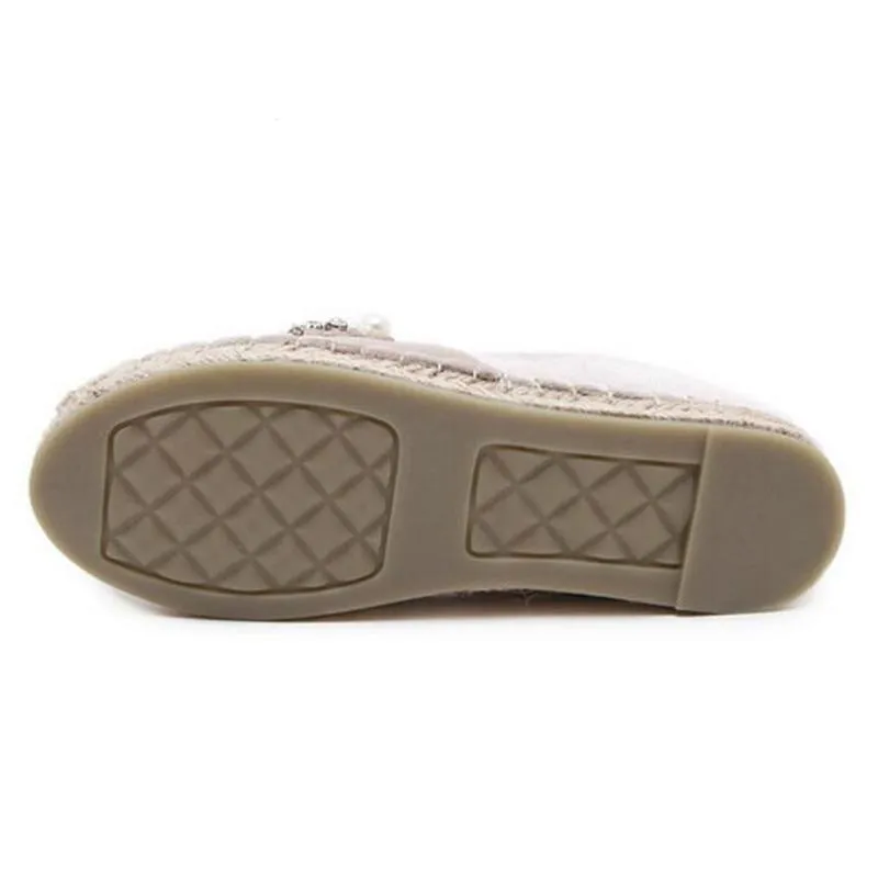 Women Loafer Round Toe Espadrilles Pearl Comfortable Hemp Bottom Women Shoes