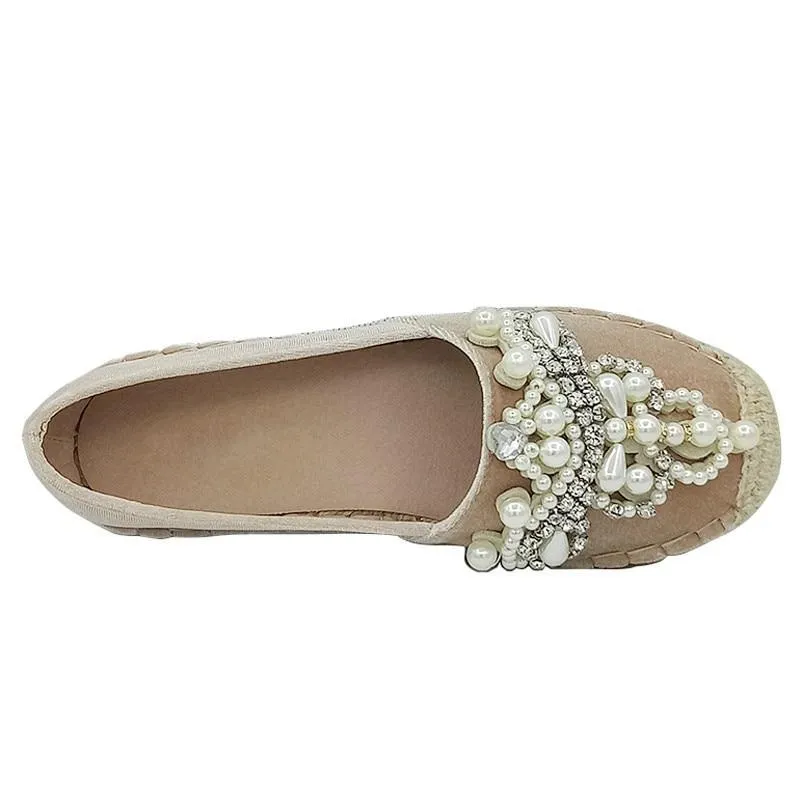 Women Loafer Round Toe Espadrilles Pearl Comfortable Hemp Bottom Women Shoes