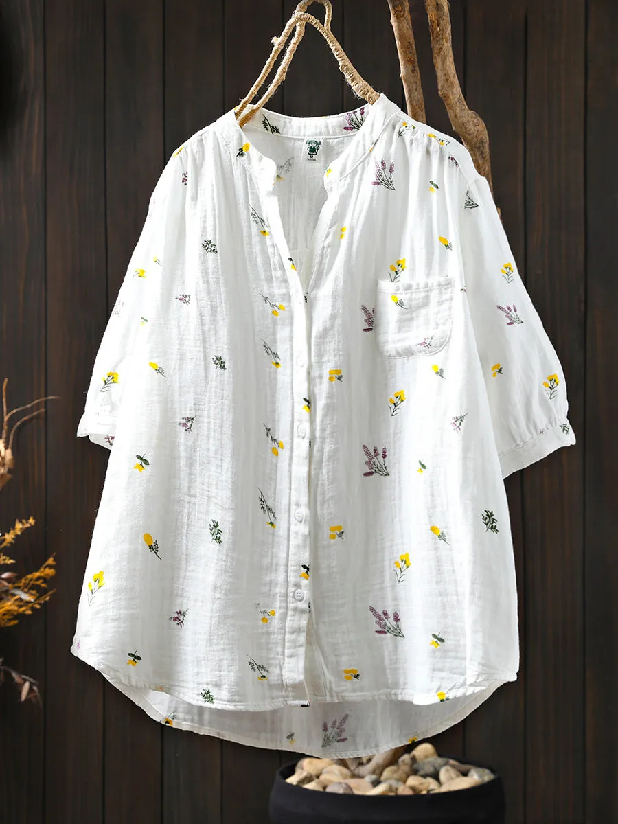 Women Summer Artsy Floral V-Neck 100%Cotton Shirt