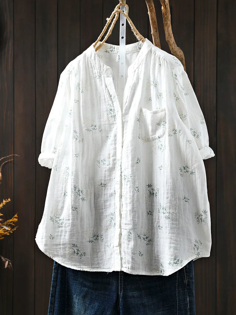 Women Summer Artsy Floral V-Neck 100%Cotton Shirt