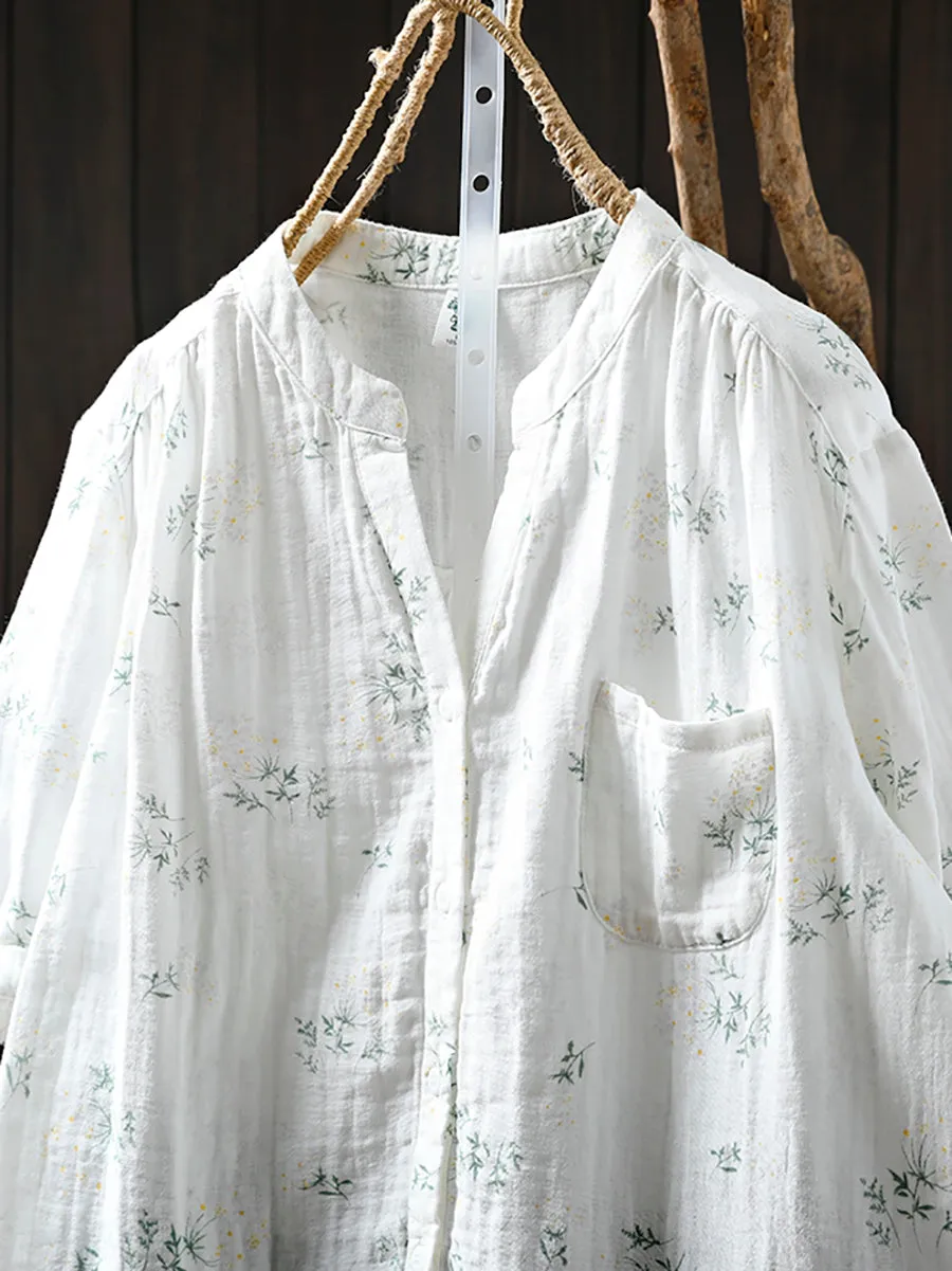 Women Summer Artsy Floral V-Neck 100%Cotton Shirt