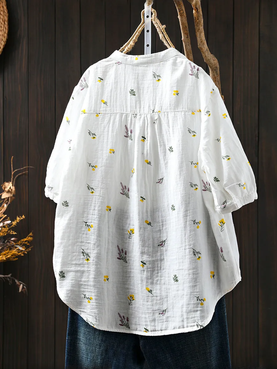 Women Summer Artsy Floral V-Neck 100%Cotton Shirt