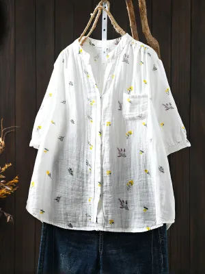 Women Summer Artsy Floral V-Neck 100%Cotton Shirt