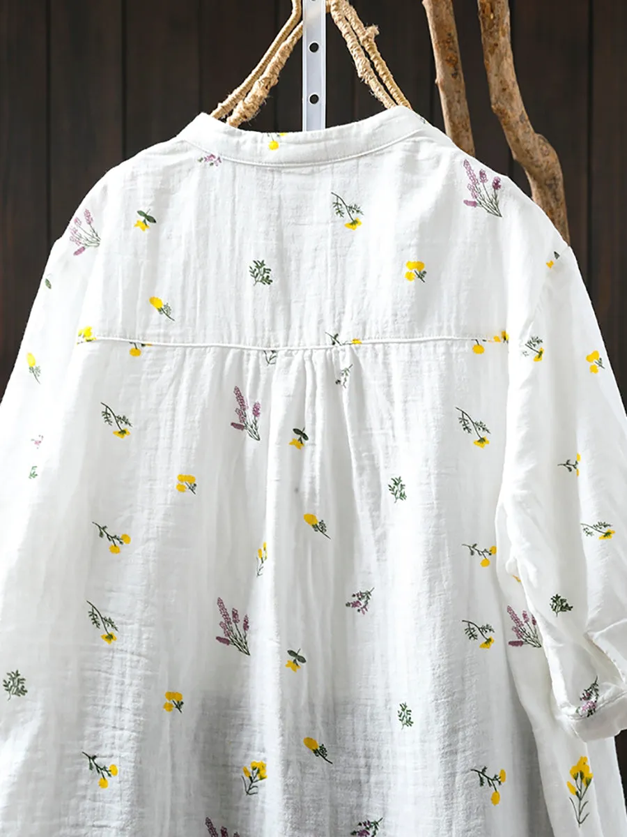 Women Summer Artsy Floral V-Neck 100%Cotton Shirt