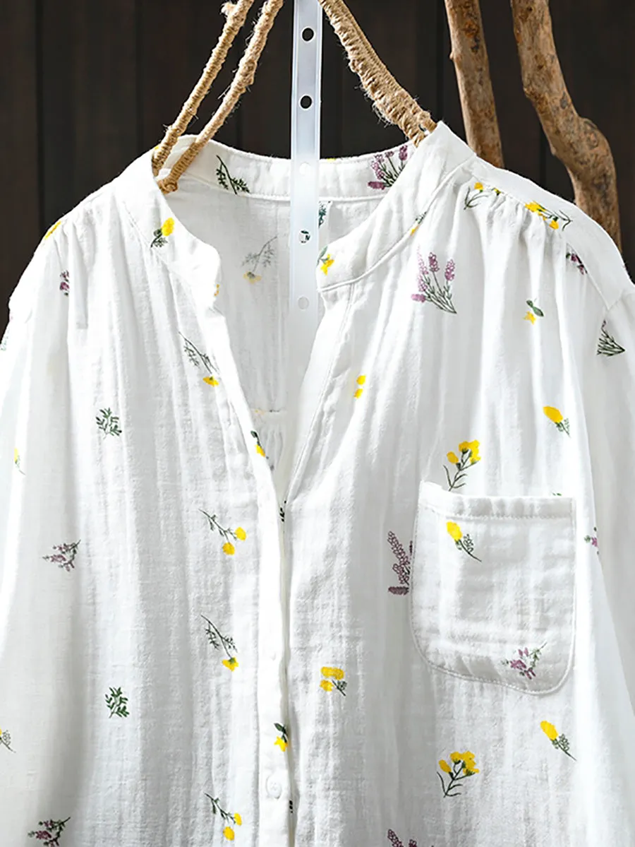 Women Summer Artsy Floral V-Neck 100%Cotton Shirt