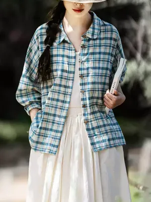 Women Summer Plaid Turn-down Collar 100%Cotton Shirt