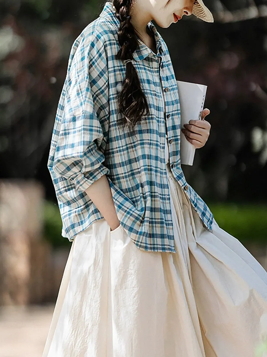 Women Summer Plaid Turn-down Collar 100%Cotton Shirt