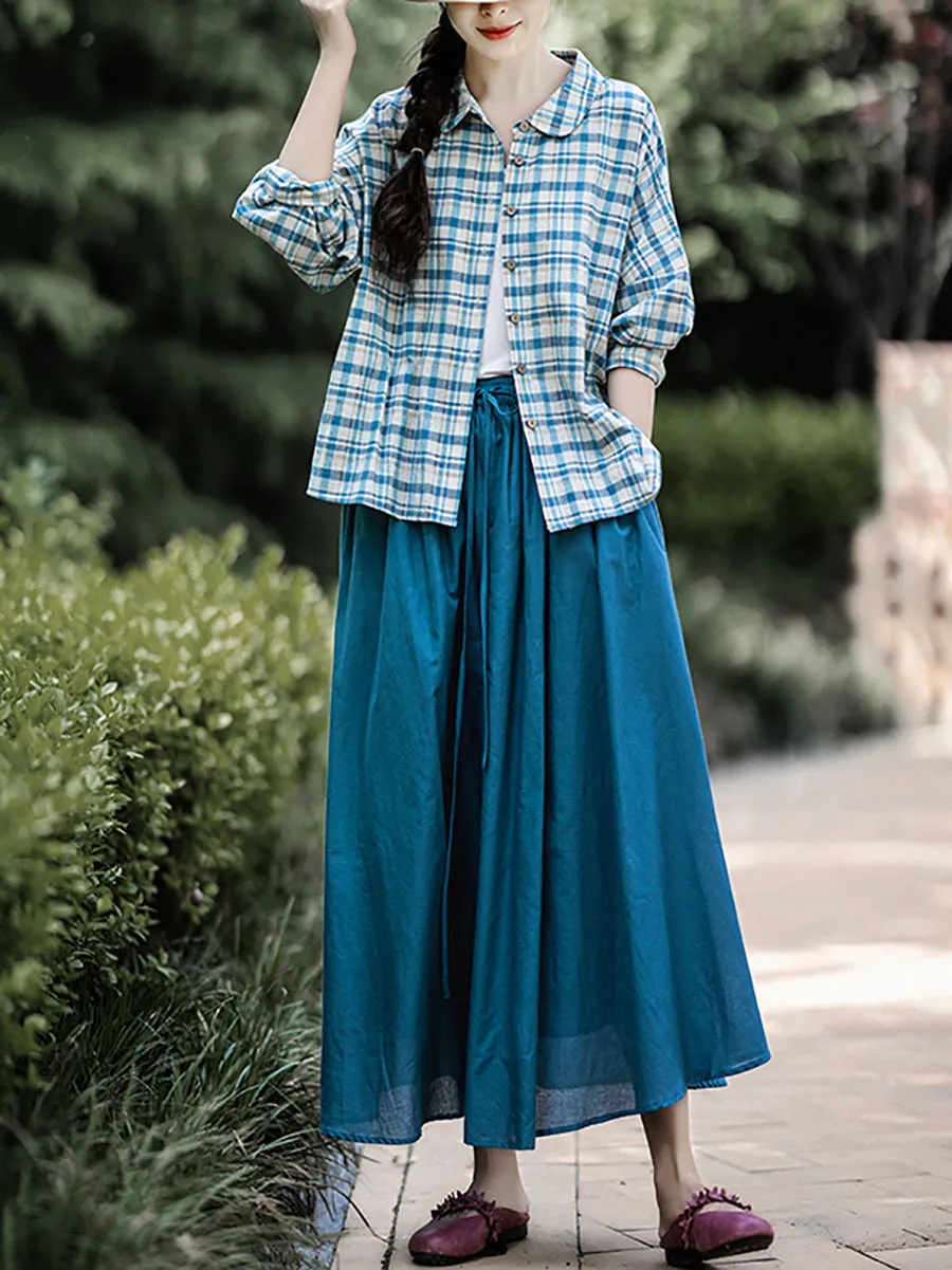 Women Summer Plaid Turn-down Collar 100%Cotton Shirt