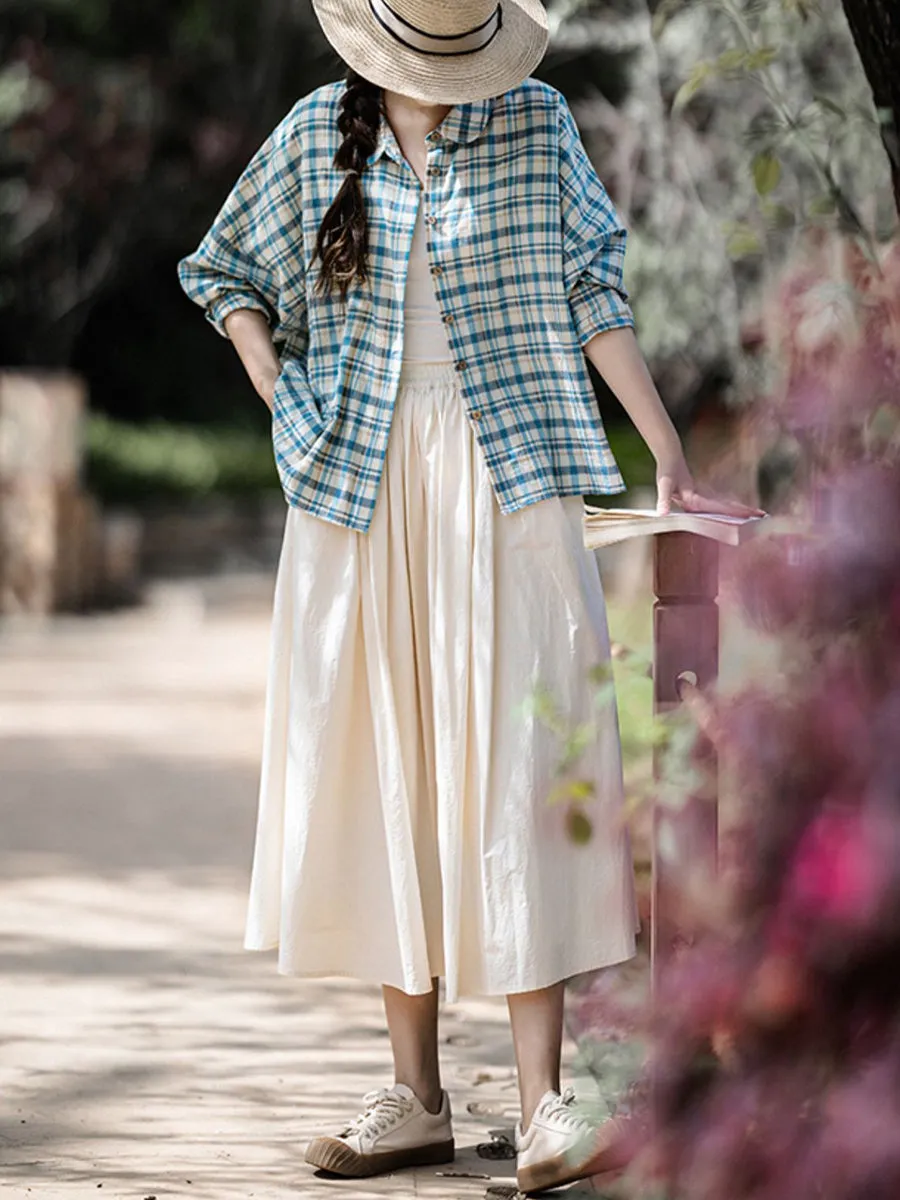 Women Summer Plaid Turn-down Collar 100%Cotton Shirt