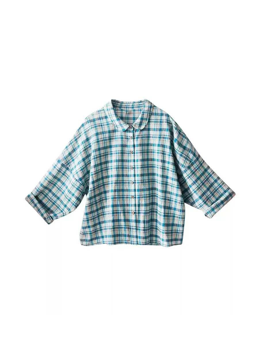 Women Summer Plaid Turn-down Collar 100%Cotton Shirt