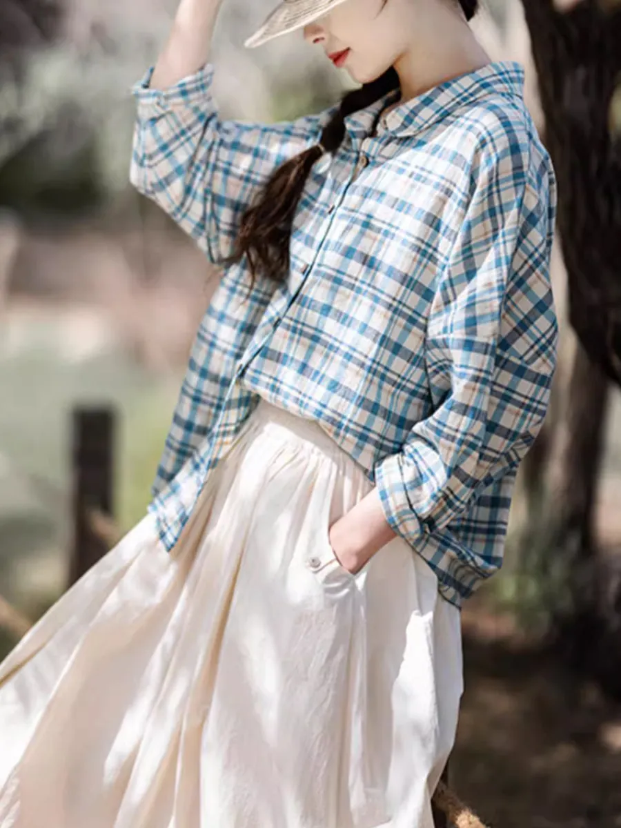 Women Summer Plaid Turn-down Collar 100%Cotton Shirt