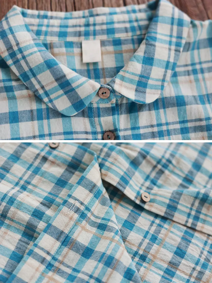 Women Summer Plaid Turn-down Collar 100%Cotton Shirt