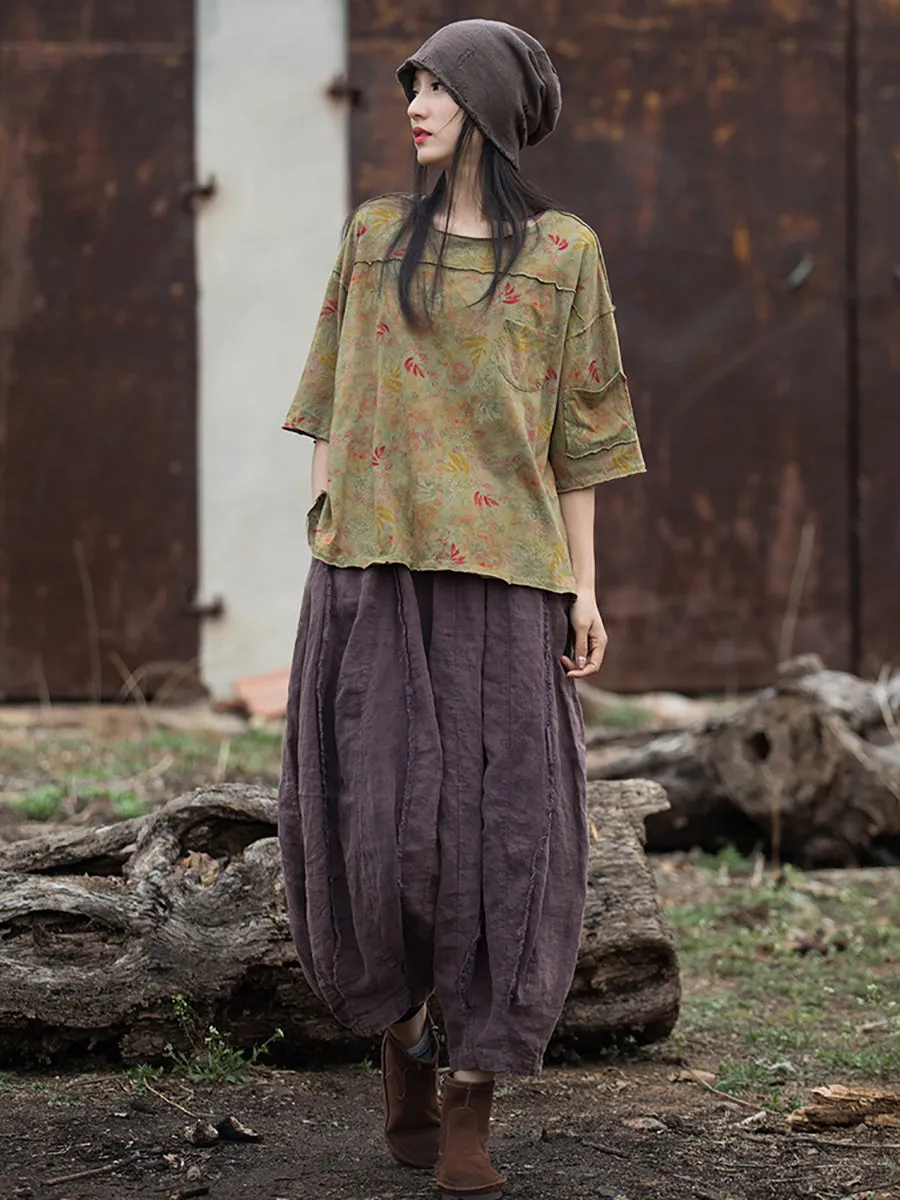 Women Summer Retro Floral Pocket Stitching Hemming Shirt
