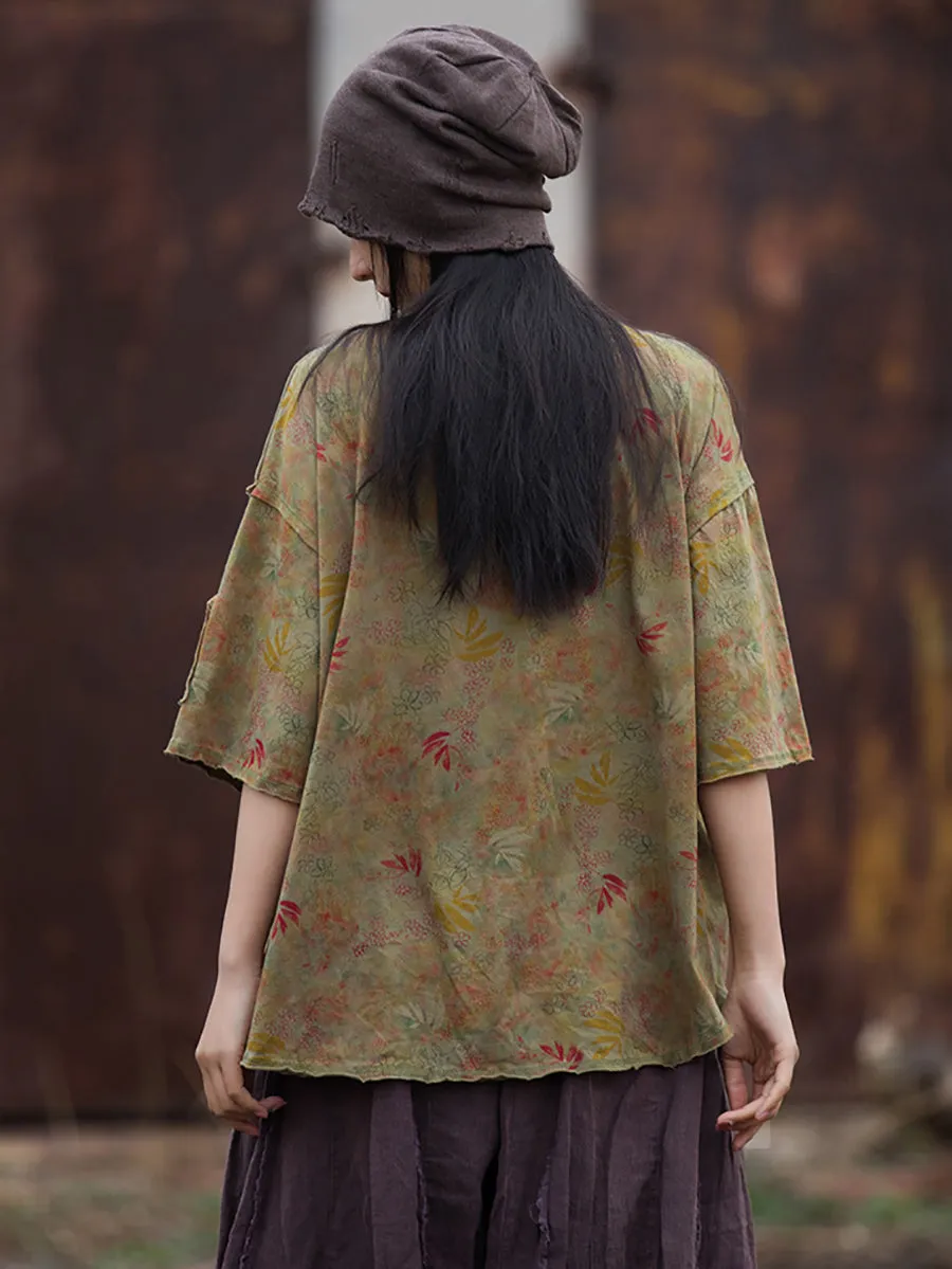 Women Summer Retro Floral Pocket Stitching Hemming Shirt