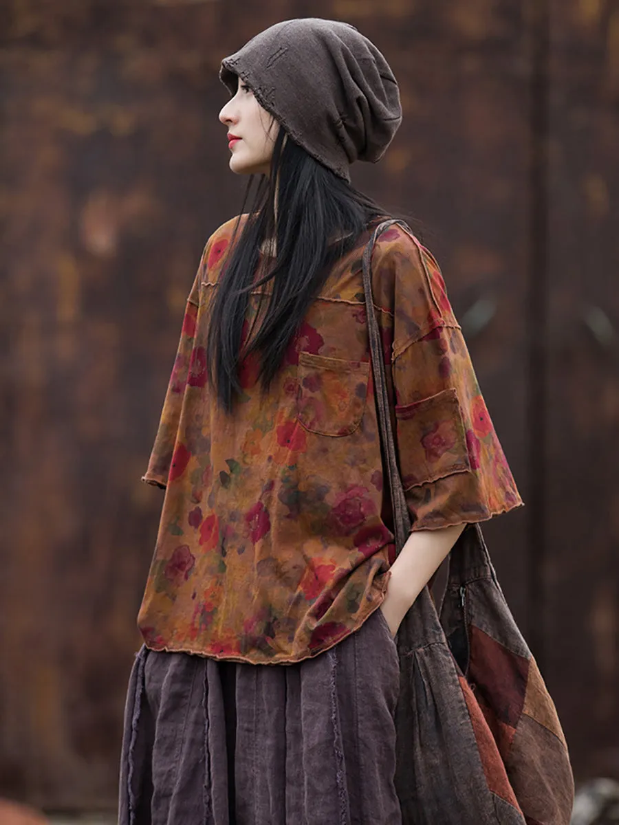 Women Summer Retro Floral Pocket Stitching Hemming Shirt