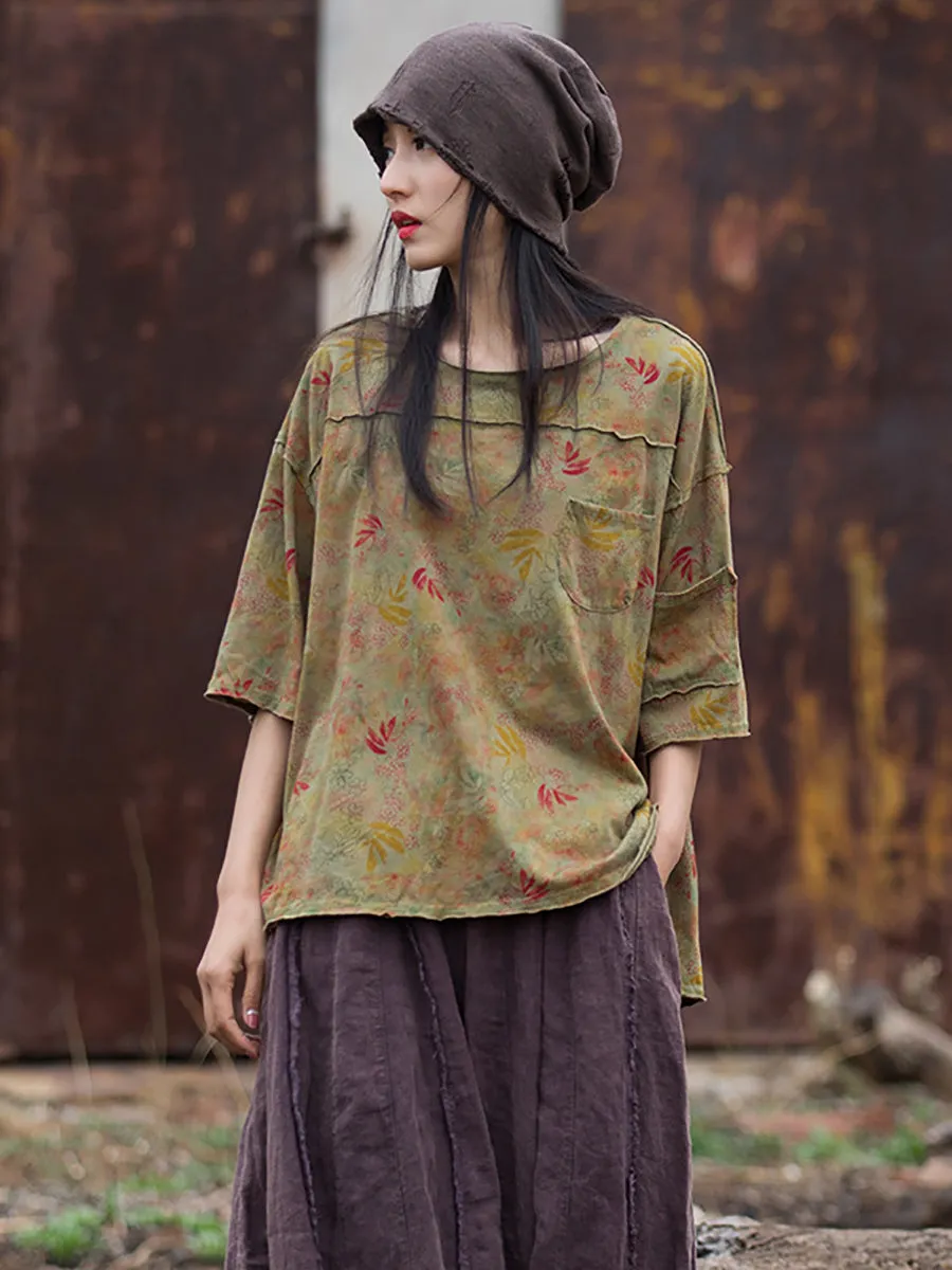 Women Summer Retro Floral Pocket Stitching Hemming Shirt