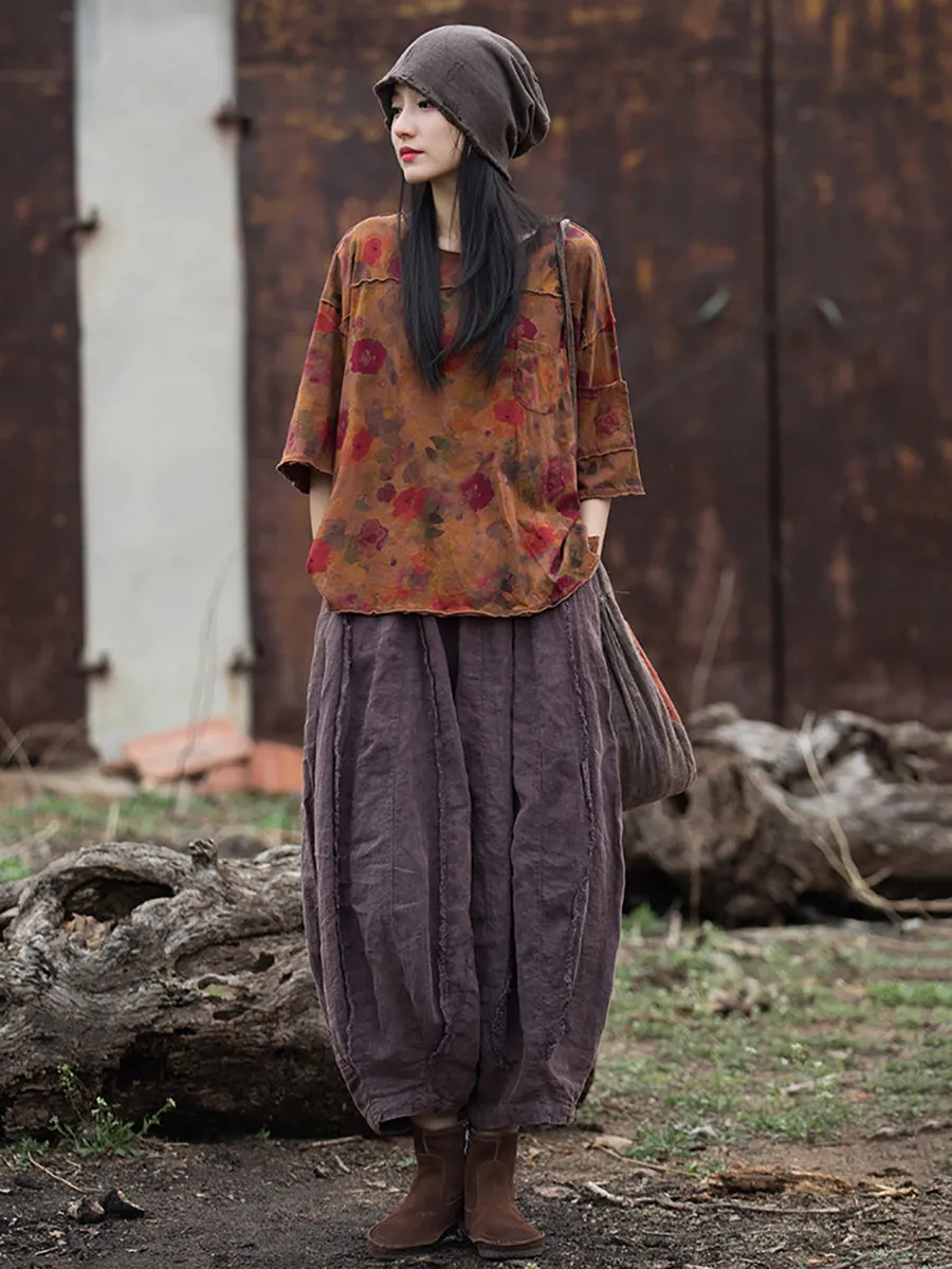 Women Summer Retro Floral Pocket Stitching Hemming Shirt
