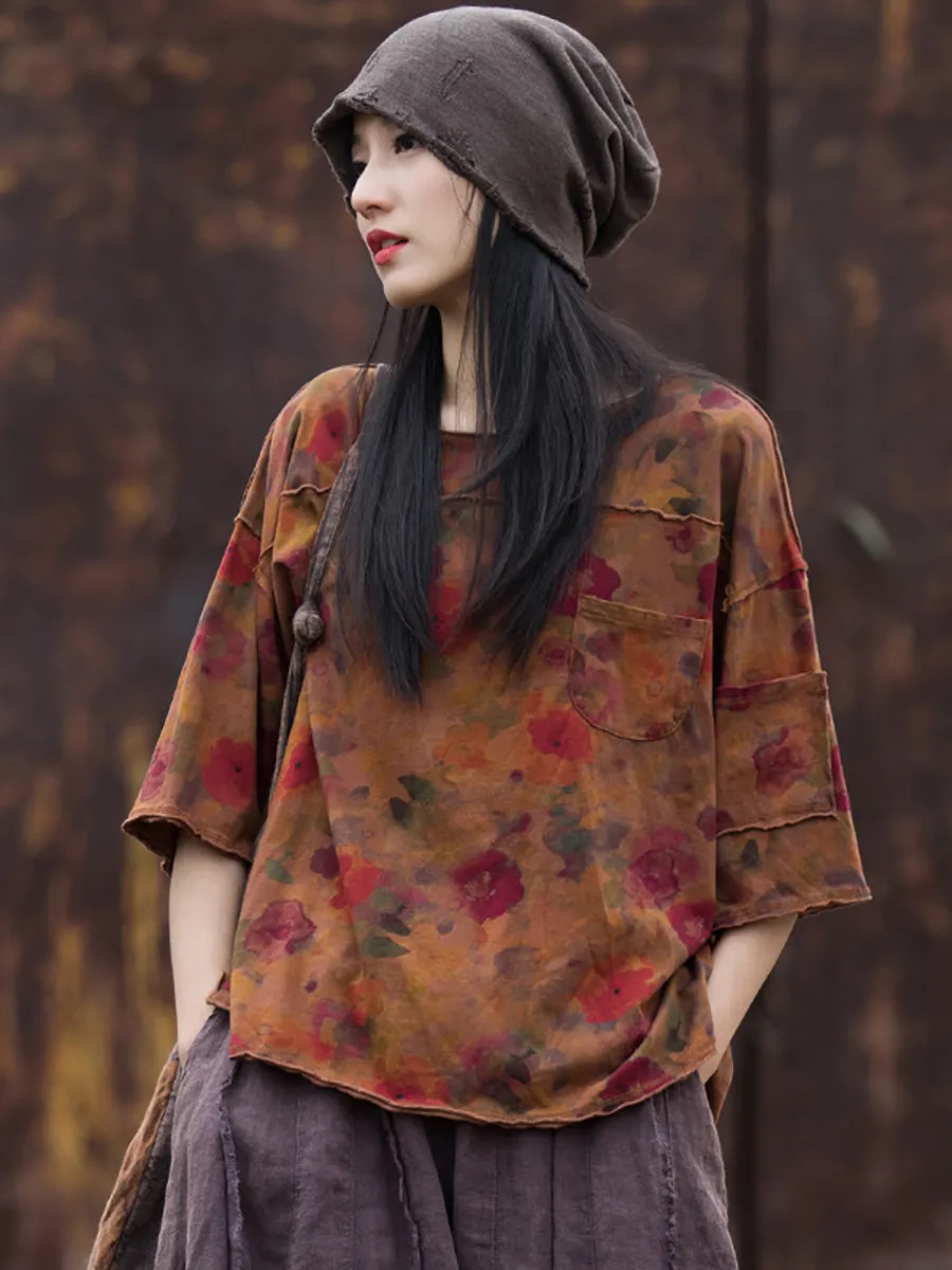 Women Summer Retro Floral Pocket Stitching Hemming Shirt