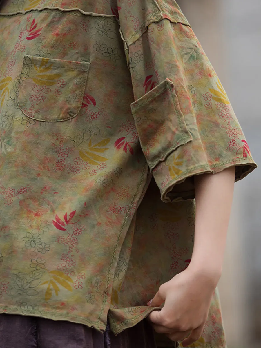 Women Summer Retro Floral Pocket Stitching Hemming Shirt
