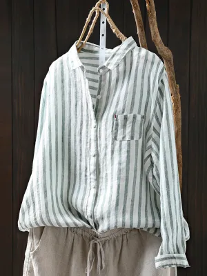 Women Summer Stripe Turn-down Collar 100%Linen Shirt
