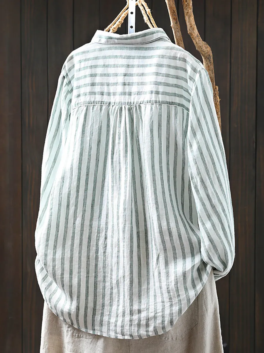 Women Summer Stripe Turn-down Collar 100%Linen Shirt