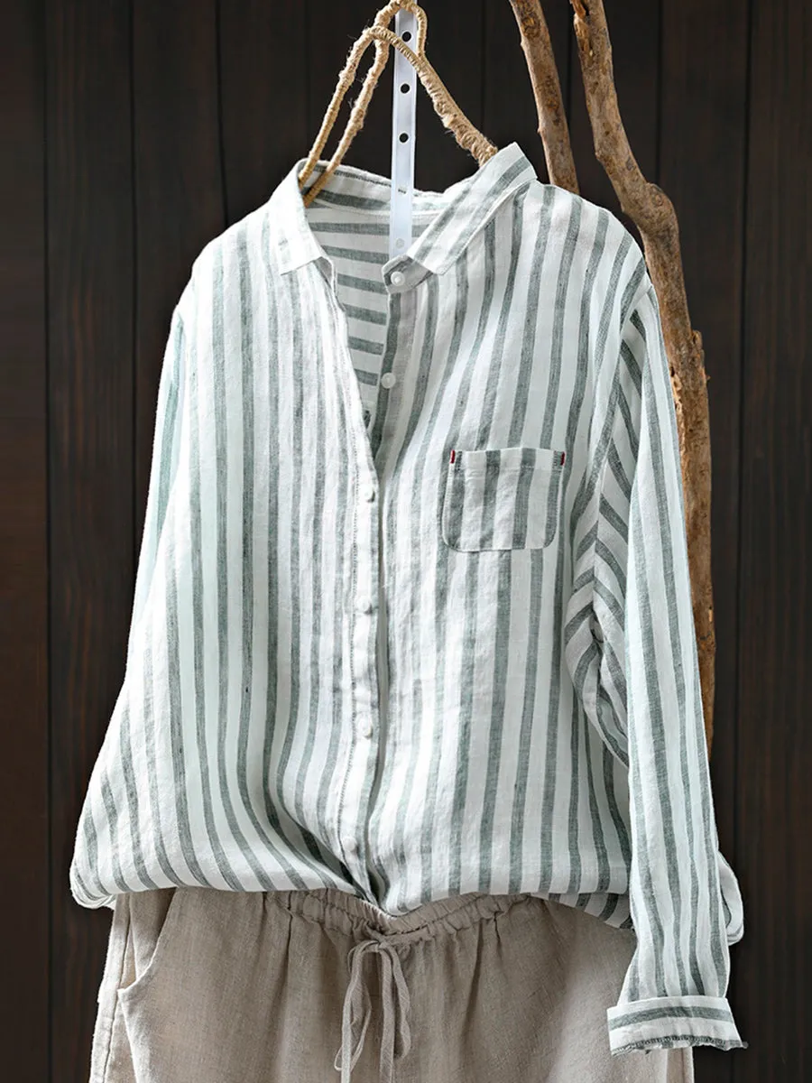 Women Summer Stripe Turn-down Collar 100%Linen Shirt