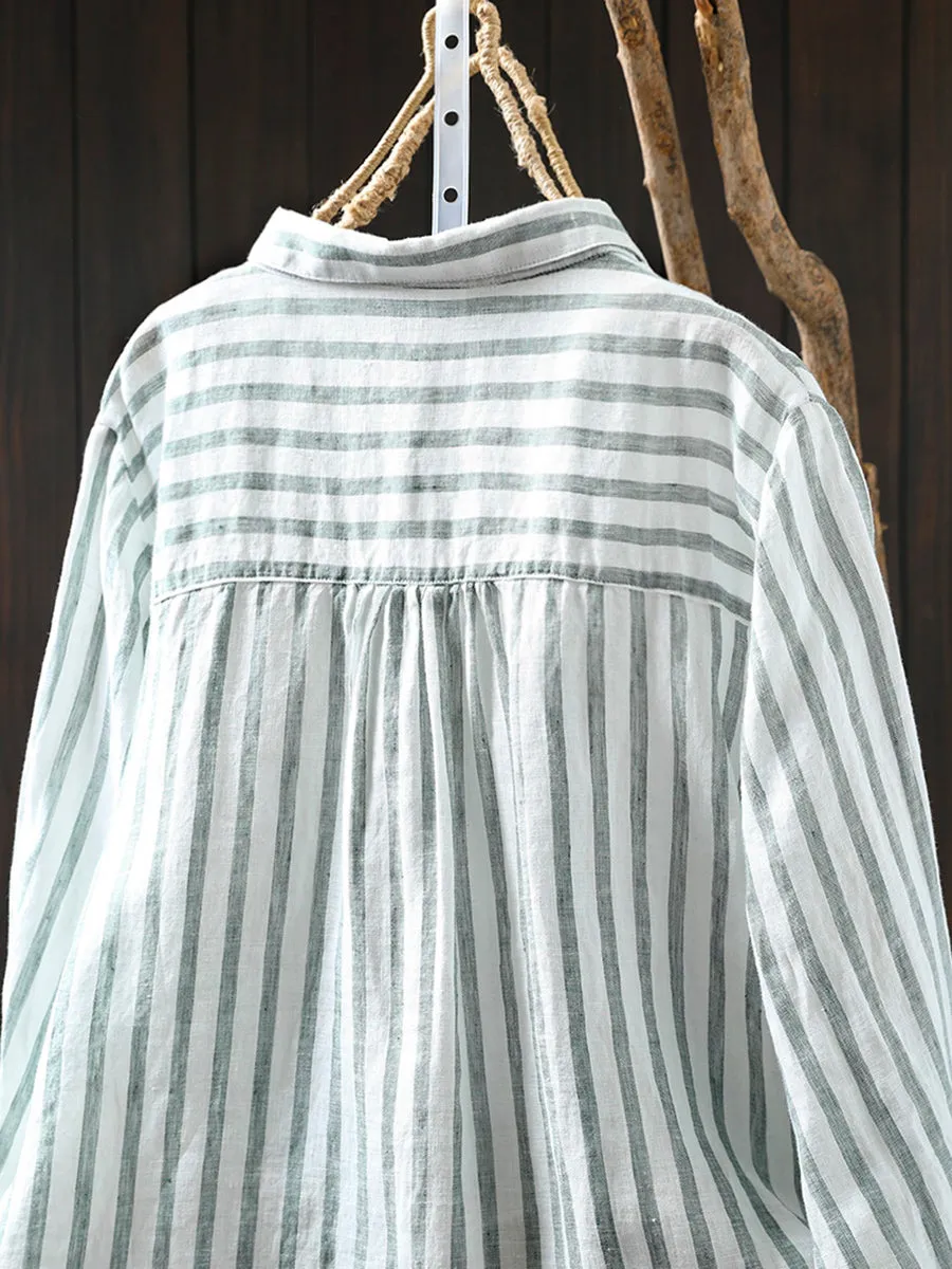 Women Summer Stripe Turn-down Collar 100%Linen Shirt