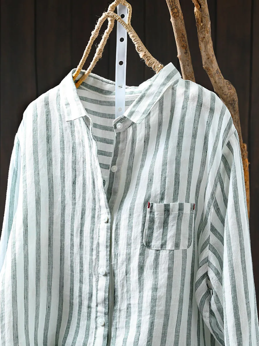 Women Summer Stripe Turn-down Collar 100%Linen Shirt