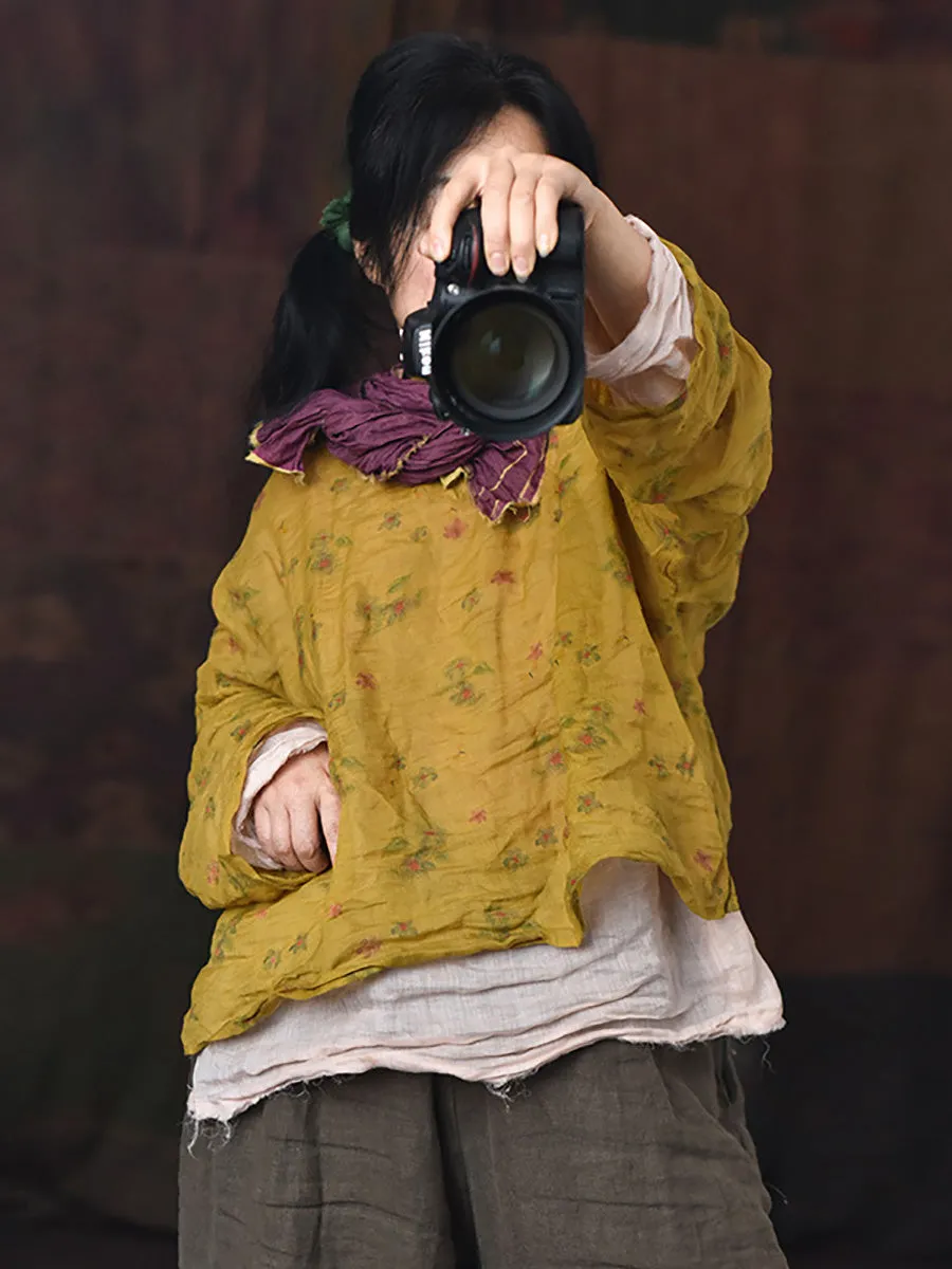 Women Vintage Floral Print V-Neck Ramie Shirt