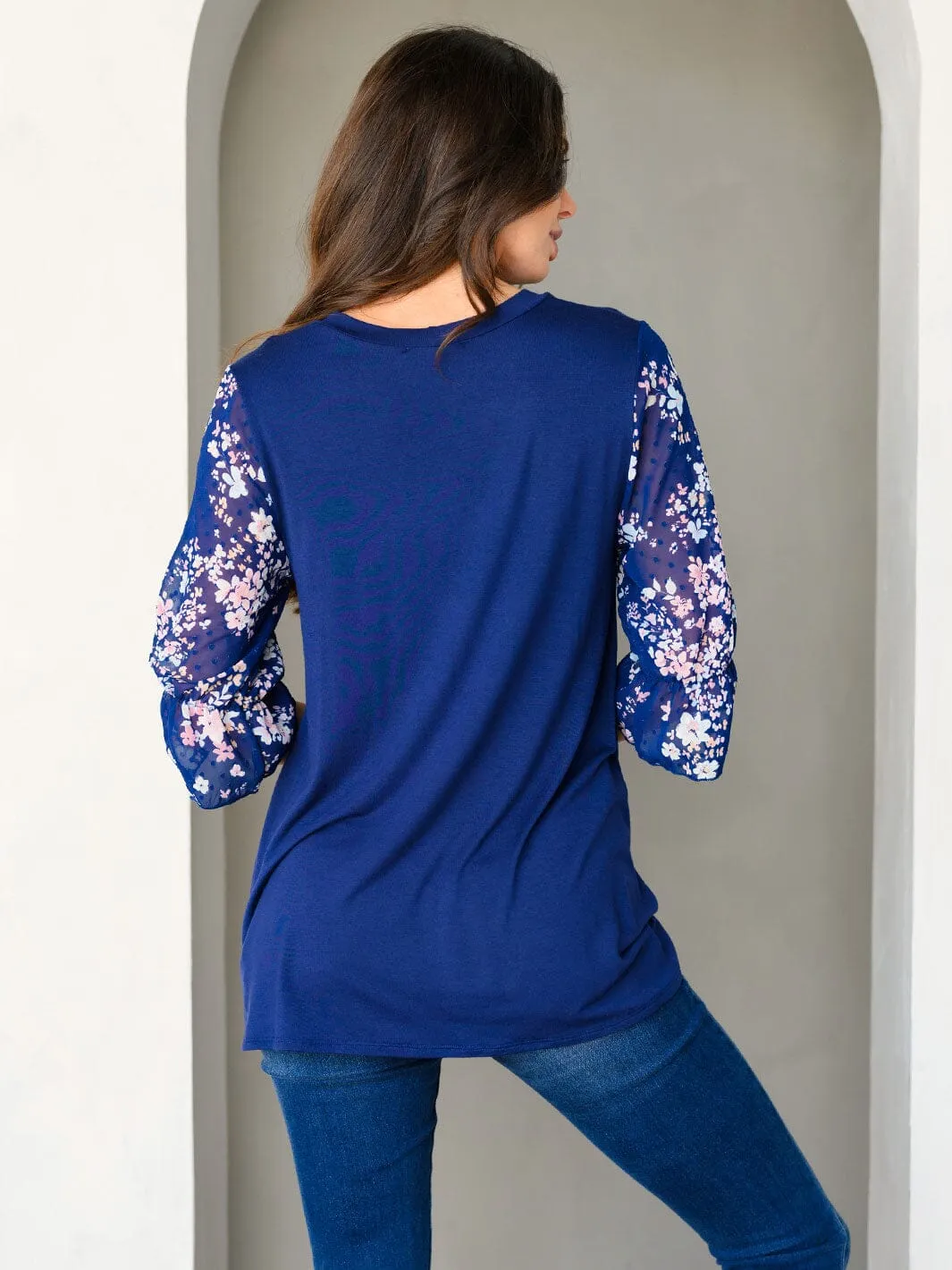 WOMEN'S 3/4 CHIFFON FLORAL PRINT SLEEVE TUNIC TOP