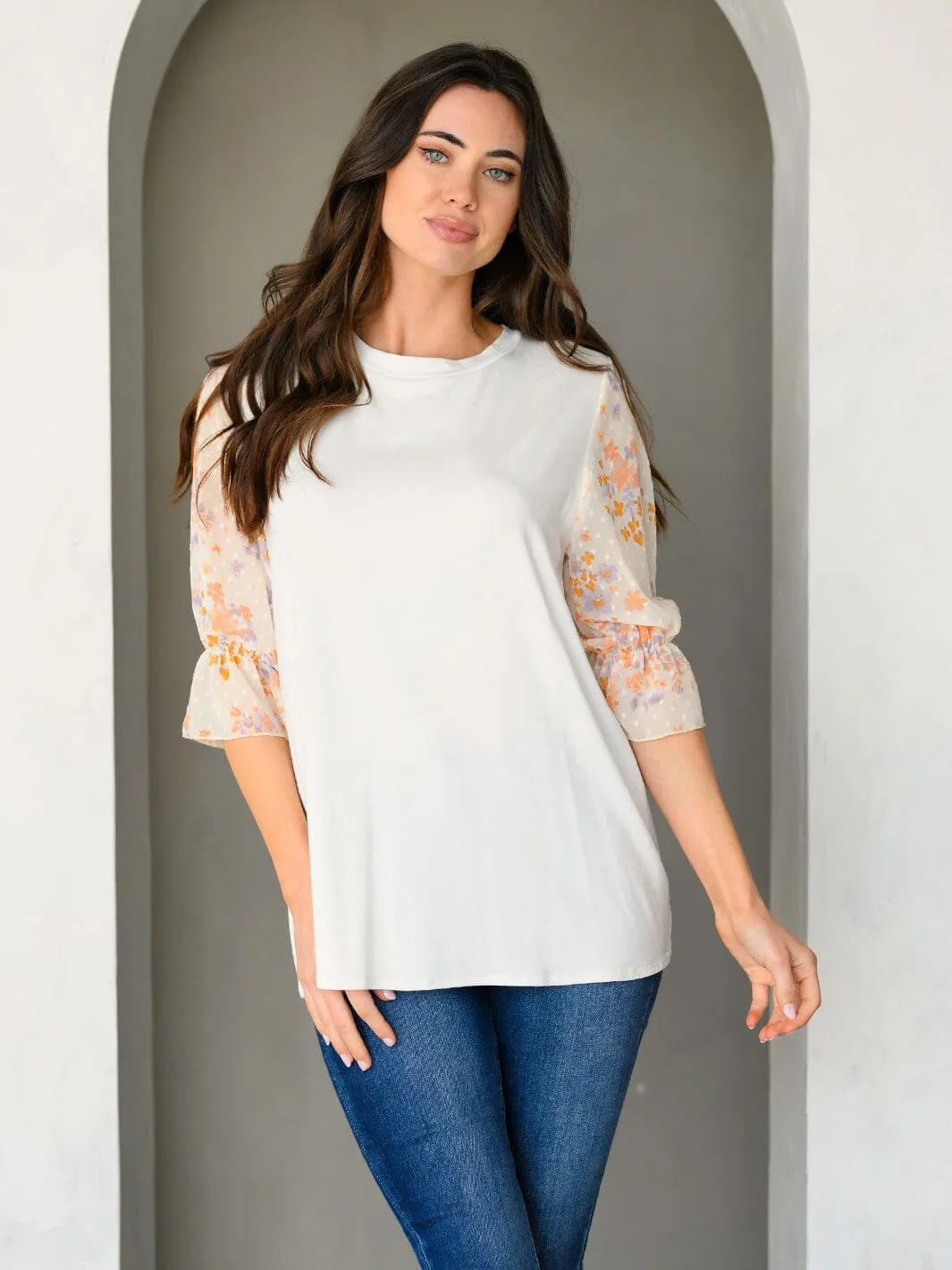 WOMEN'S 3/4 CHIFFON FLORAL PRINT SLEEVE TUNIC TOP
