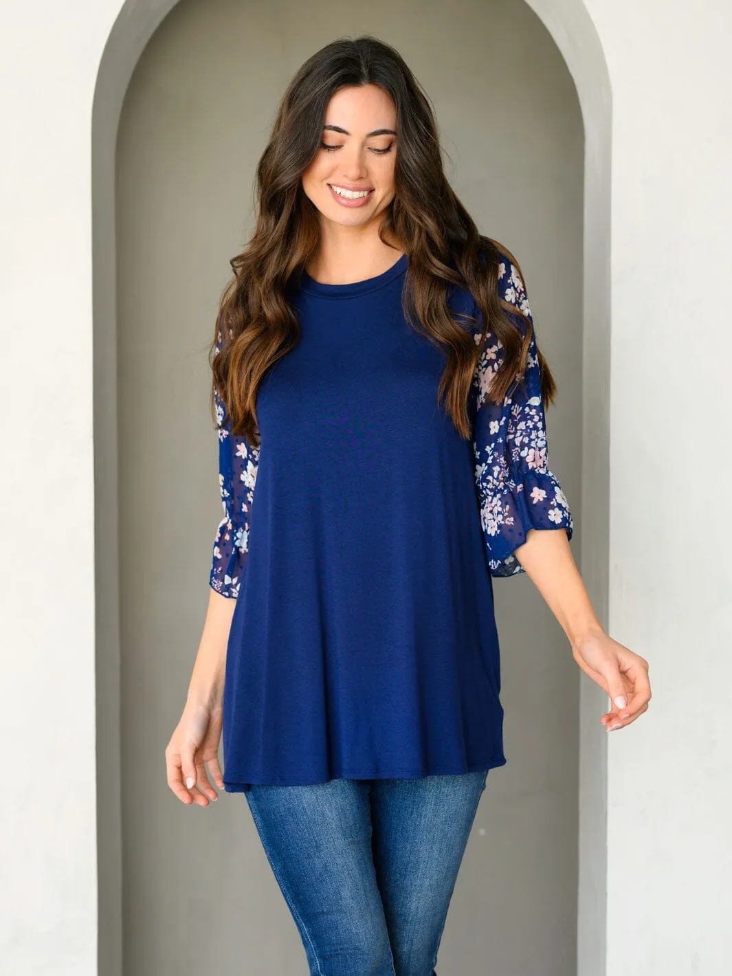 WOMEN'S 3/4 CHIFFON FLORAL PRINT SLEEVE TUNIC TOP