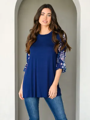 WOMEN'S 3/4 CHIFFON FLORAL PRINT SLEEVE TUNIC TOP