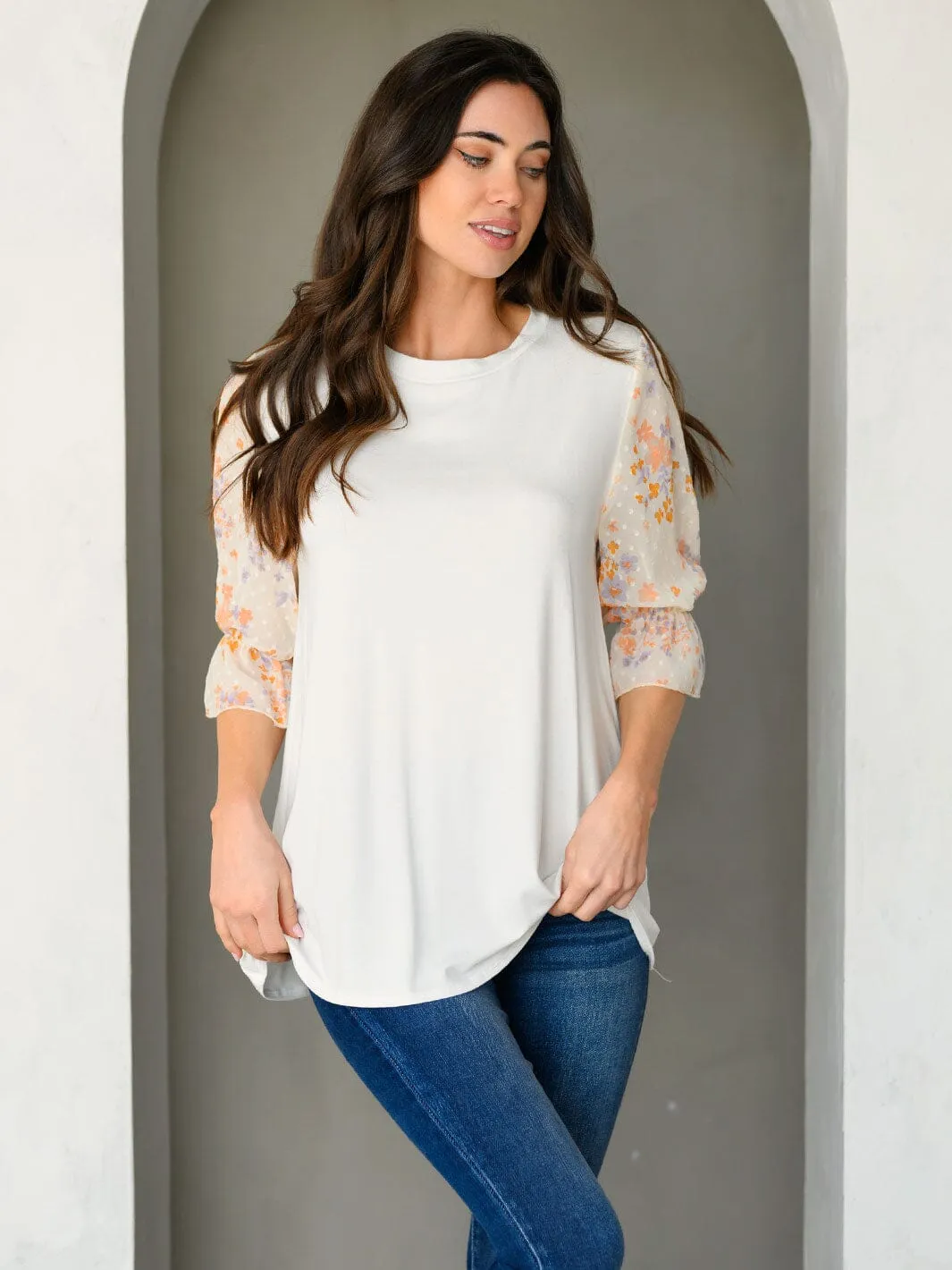 WOMEN'S 3/4 CHIFFON FLORAL PRINT SLEEVE TUNIC TOP