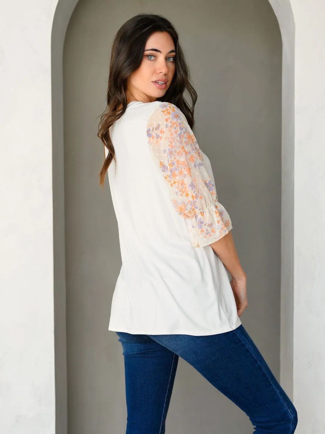 WOMEN'S 3/4 CHIFFON FLORAL PRINT SLEEVE TUNIC TOP